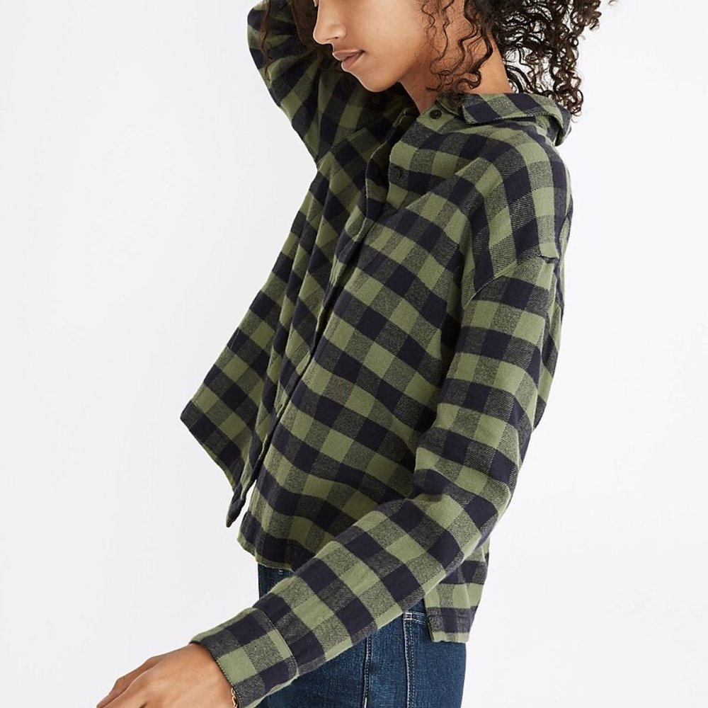 Madewell ~Flannel Sunday Buffalo Check Button Front Blue + Green Shirt size XS